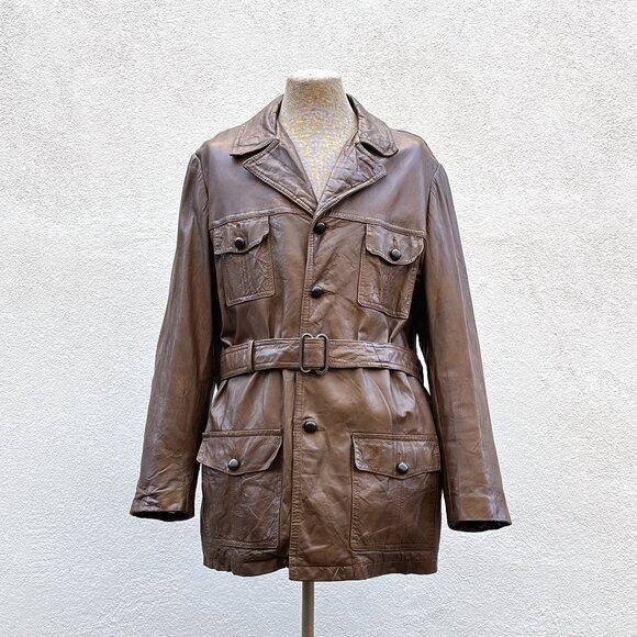 Vintage 70's Men's Brown Leather Belted Car Coat Jacket Large